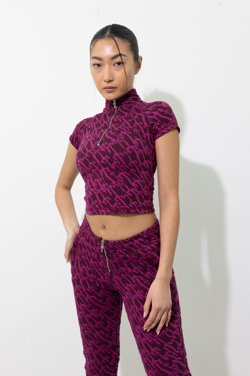 Trapstar Jacquard Fitted Zip Crop Top Burgundy Pink | XQEST-9042